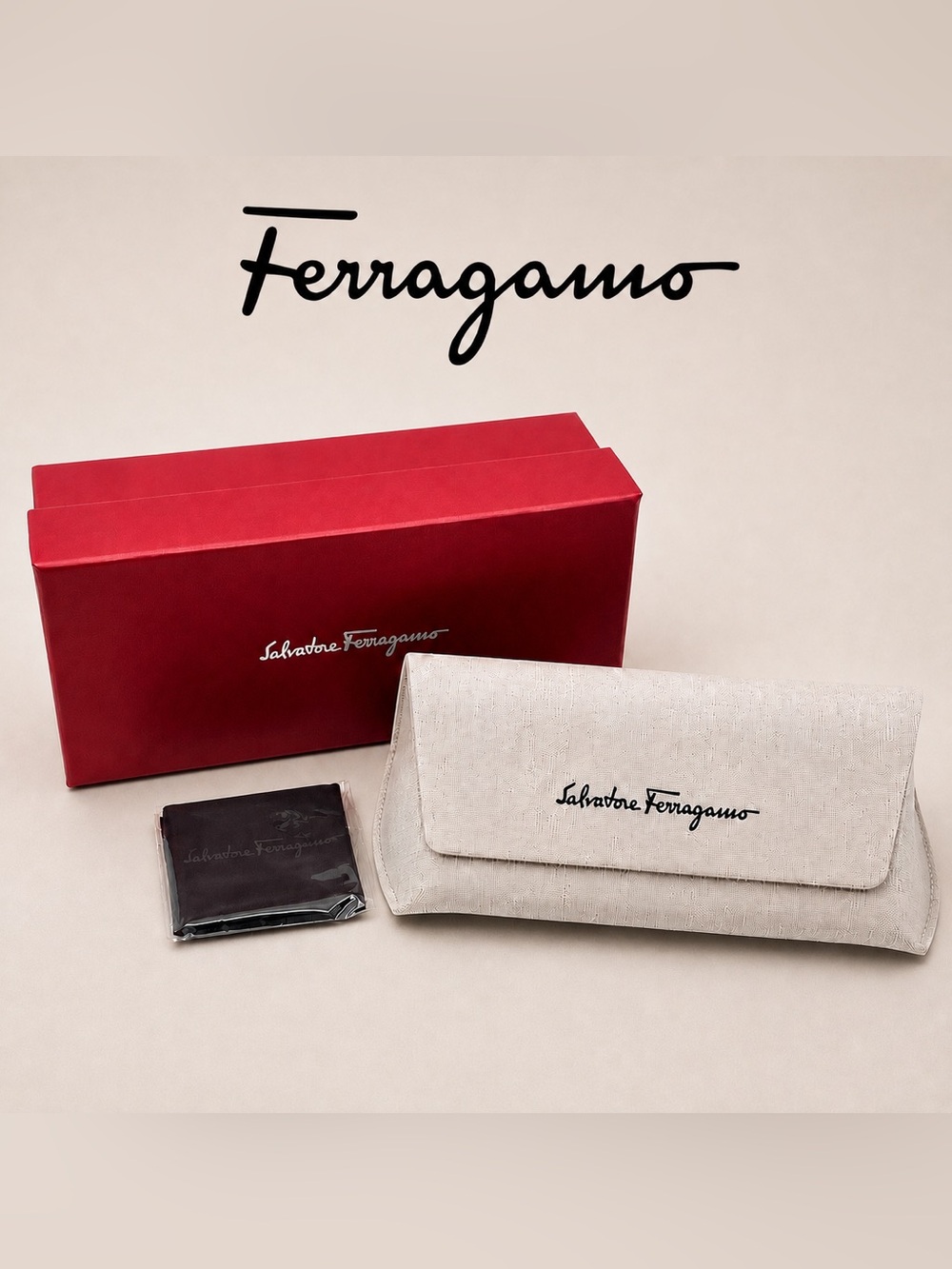 Salvatore Ferragamo Cream Cloth Eyeglasses Case w/ Box & Cleaning Cloth